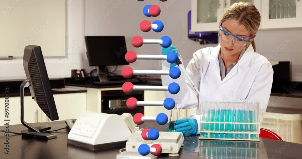 Sticker animation of dna strand spinning over caucasian female scientist