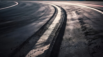 Abstract texture surface and background of car tire drift skid mark on road race track, Black tire mark on street race track, Automobile and automotive concept. - obrazy, fototapety, plakaty