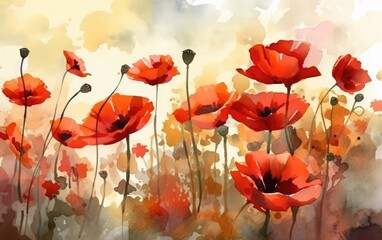 red poppy flower, art illustration painted with watercolors, beautiful floral background, generative ai