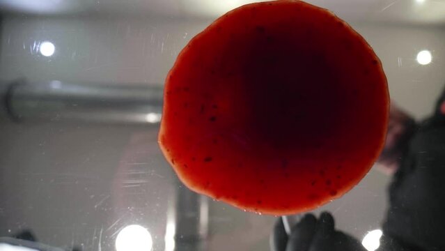 Low angle shot from frog perspective: ladle spreading delicious tomato sauce in a circular motion. Vertical shot