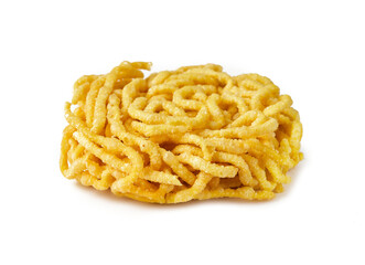 fried yellow ramen noodle isolated on white background.                            