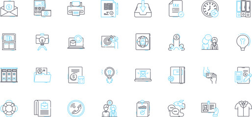 Fototapeta premium Business model linear icons set. Innovation, Strategy, Sustainability, Profitability, Scalability, Customer-centric, Disruption line vector and concept signs. Generative AI