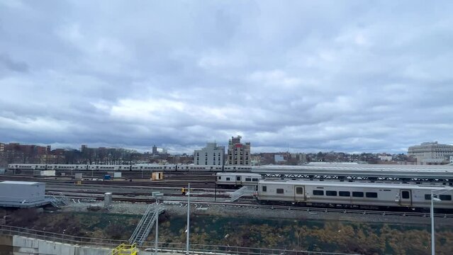 slow motion shot of brooklyn central train station during a rainy day