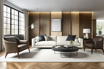Fototapeta premium Interior design of a living room with a minimalist design, featuring simple furniture, clean lines, and a monochromatic color scheme | Generative AI