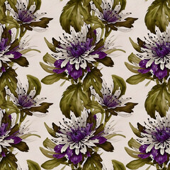 Floral seamless pattern from white and purple Chrysanthemums flowers and khaki green leaves, watercolor illustration, wallpaper design for textile, fabric, cover, wrapping paper. AI generated.