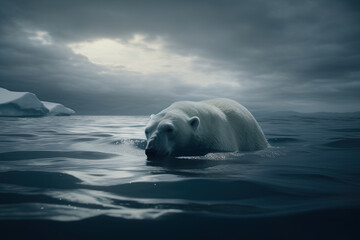 Oso polar sufriendo por el cambio climático en un océano al que se le ha derretido casi todo el hielo. Imagen generada con inteligencia artificial, AI generative