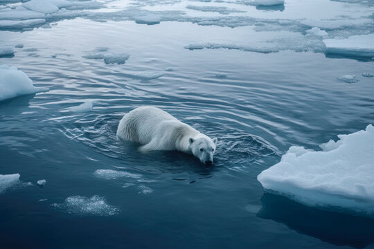Oso polar sufriendo por el cambio climático en un océano al que se le ha derretido casi todo el hielo. Imagen generada con inteligencia artificial, AI generative