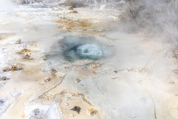 Steaming hot water pool at Orakei Korako geothermal landscape New Zealand