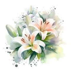 Fototapeta na wymiar flower lily with green leaves, art illustration painted with watercolors isolated on white background, generative ai