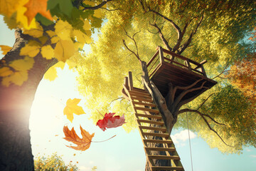 View of a platform tree house looking up, during autumn. Generative AI