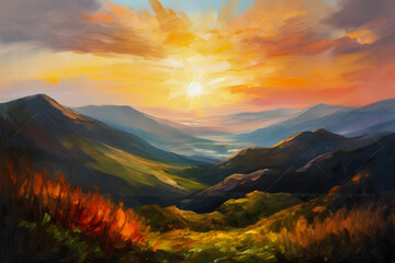 Naklejka na ściany i meble Oil painting of sunset in the top of the mountain, impressionism. Generative AI. 
