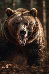 Fototapeta na wymiar Brown bear in the wild. Kamchatka Forest. Wild Grizzle bear roaring aggressively running towards camera generative ai