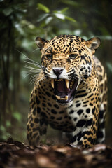 Wild Jaguar panthera roaring aggressively. Jungle forest running generative ai