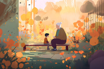 kid and grand parent practicing mindfulness in small garden. Cozy illustration. 
Generative AI. 