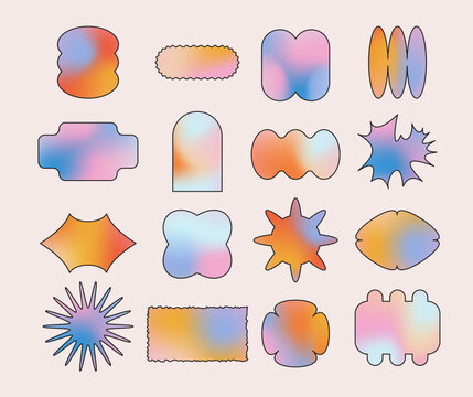 Vector set of gradient stickers, patches, emblems in trendy y2k style. Modern futuristic design elements for social media, label, badge. Abstract blurry background