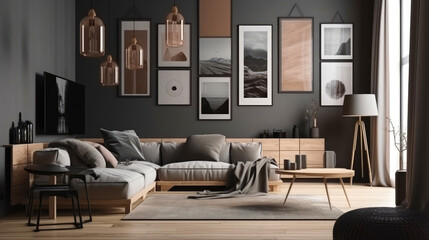 A modern and trendy living room with a large gallery wall filled with photo frames. Generative AI