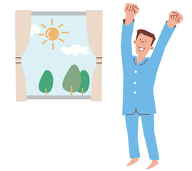 パジャマ姿、起きたばかりの男性、両手を上げているベクターイラスト