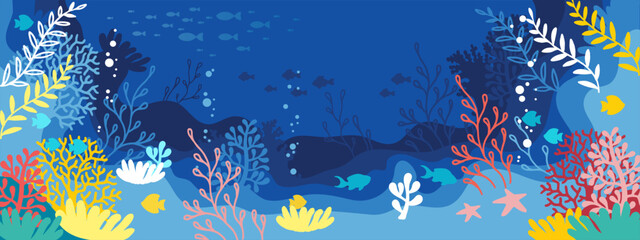 Horizontal blue background. Underwater marine life of a coral reef. World oceans day