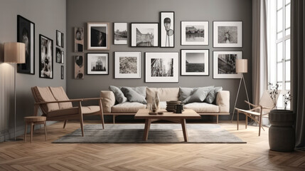 A modern and trendy living room with a large gallery wall filled with photo frames. Generative AI