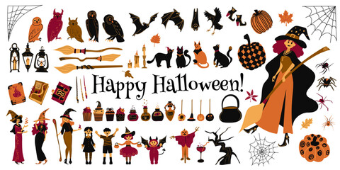 Halloween element set witch, ghost, spooky castle, mummy, skeleton, funny pumpkins. Perfect for scrapbooking, greeting card, party invitation, poster, tag, sticker kit. Hand drawn vector illustration.