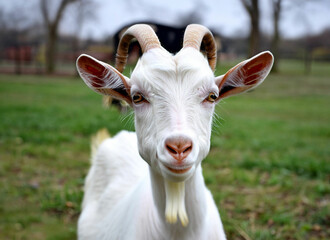 A goat with horns and a collar sits on a green grass field ai generated