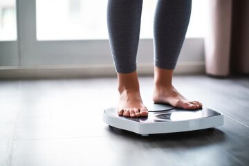 Closeup of woman standing on bathroom scale, monitoring her weight and progress towards fitness goals, generative ai