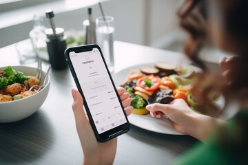Person using smartphone app to track calories and macronutrients, managing diet and maintaining healthy lifestyle, generative ai - obrazy, fototapety, plakaty