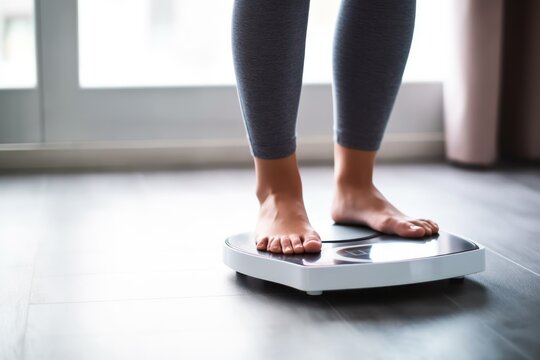 Closeup of woman standing on bathroom scale, monitoring her weight and progress towards fitness goals, generative ai