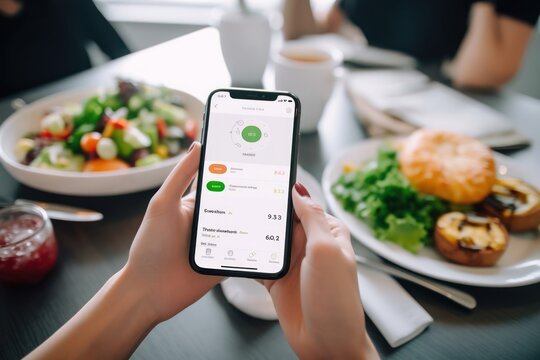 Person using smartphone app to track calories and macronutrients, managing diet and maintaining healthy lifestyle, generative ai