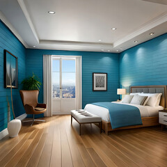 The presentation backdrop features an alluring blend of a barren blue wall and a rustic wooden floor, accentuated by captivating beams of light.AI generated