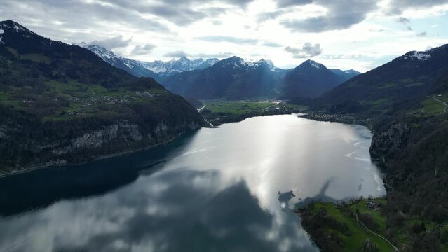 Aerial view of magnificent mountain landscape. Seerenbach. Switzerland