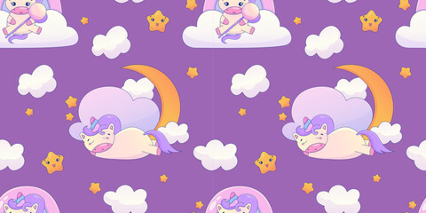 Cute Kawaii Unicorn seamless pattern with rainbow and star. Fairy cute animal children design. Fantasy wallpaper with unicorn and cloud. Cartoon vector illustration