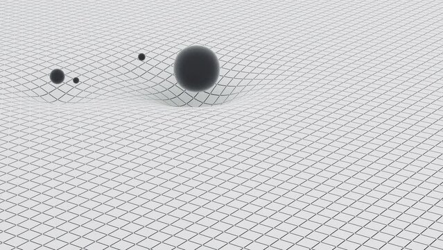 Deformed gravity grid in space  - Objects Bend spacetime grid mesh orbiting around each other - Loop Ready Video 3D Animation Render - gravity as the curvature of space-time.