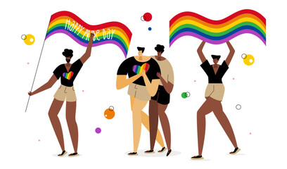 The LGBTQ man  with rainbow flag, celebrations international PRIDE DAY, LGBT parade. Stop homophobia. The Illustration good for poster or UI UX design or stories.