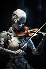 Naklejka premium Robot playing violin. Ai with a musical instrument. Futuristic concept technology generative ai.