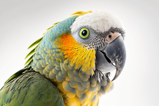 Portrait of a green macaw parrot isolated on white background. created with generative AI