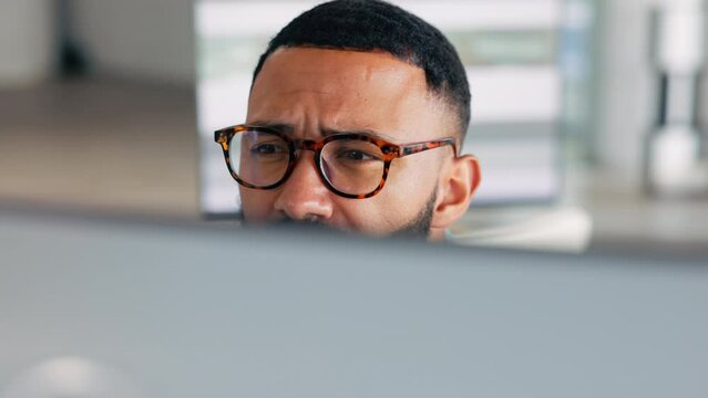 Business man, confused and trader with eyeglasses or working on laptop or male person with screen. Trading, market and analyzing online or digital data. Close up, finance and eyes on tax or debt