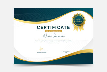 Award certificate template fancy green color gradation with gold border wave