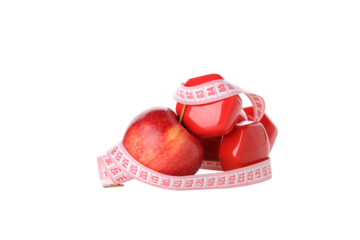 Concept of weight loss with apple and measuring tape, isolated on white background