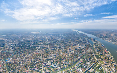 Astrakhan, Russia. Panorama of the city from the air in summer. Volga river. Aerial view