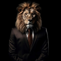 A wild beast dressed for success This lion dons a suit and tie, projecting power, style, and sophistication, with a touch of whimsy and humor. AI Generative.