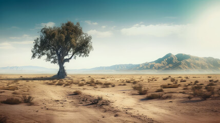 Fototapeta na wymiar View of a desolate place in the desert with a green tree standing alone. Mountains in the background. Generative AI