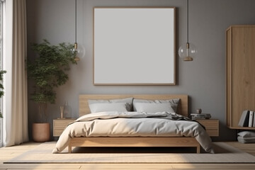 Frame mockup in modern bedroom interior, grey wall. AI Generated.