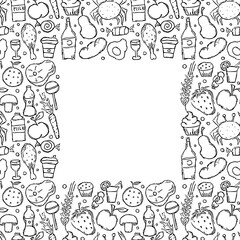 Doodle food frame. Background with drawing food with place for text