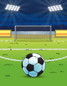 cartoon football soccer ball against the backdrop of the stadium gate