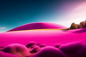 Crédence de cuisine en verre imprimé Roze Photograph of a hill covered with pink grass, sunny weather, the ring in the middle of the screen, realistic