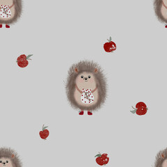 seamless pattern cute hedgehog with red apples on a gray background. baby pattern repeating for textile © Татьяна Трущелева