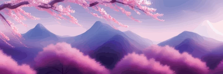 Foto op Aluminium Japanese landscape with sakura trees against the backdrop of mountains and a volcano. beautiful fantasy landscape. vector banner illustration © Павел Кишиков