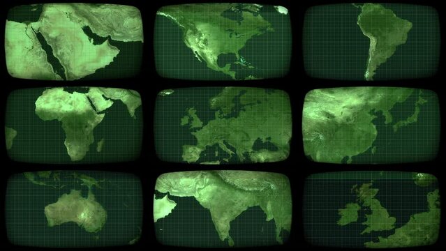 Old-timey workstation for a security or spying agency, featuring multiple green CRT monitors displaying satellite views of different parts of the globe. Perfect backdrop for a retro thriller movie.
