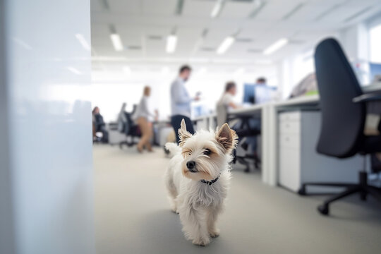 Small West Highland White Terrier Dog In Office With Working People In Background. Generative AI Illustration